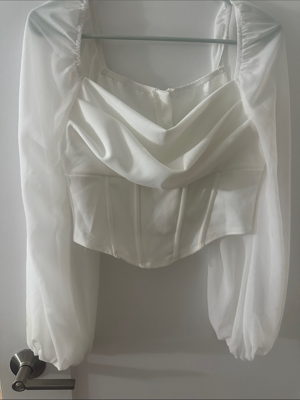 SHEIN White Draped Corset Blouse with Sheer Puff Sleeves